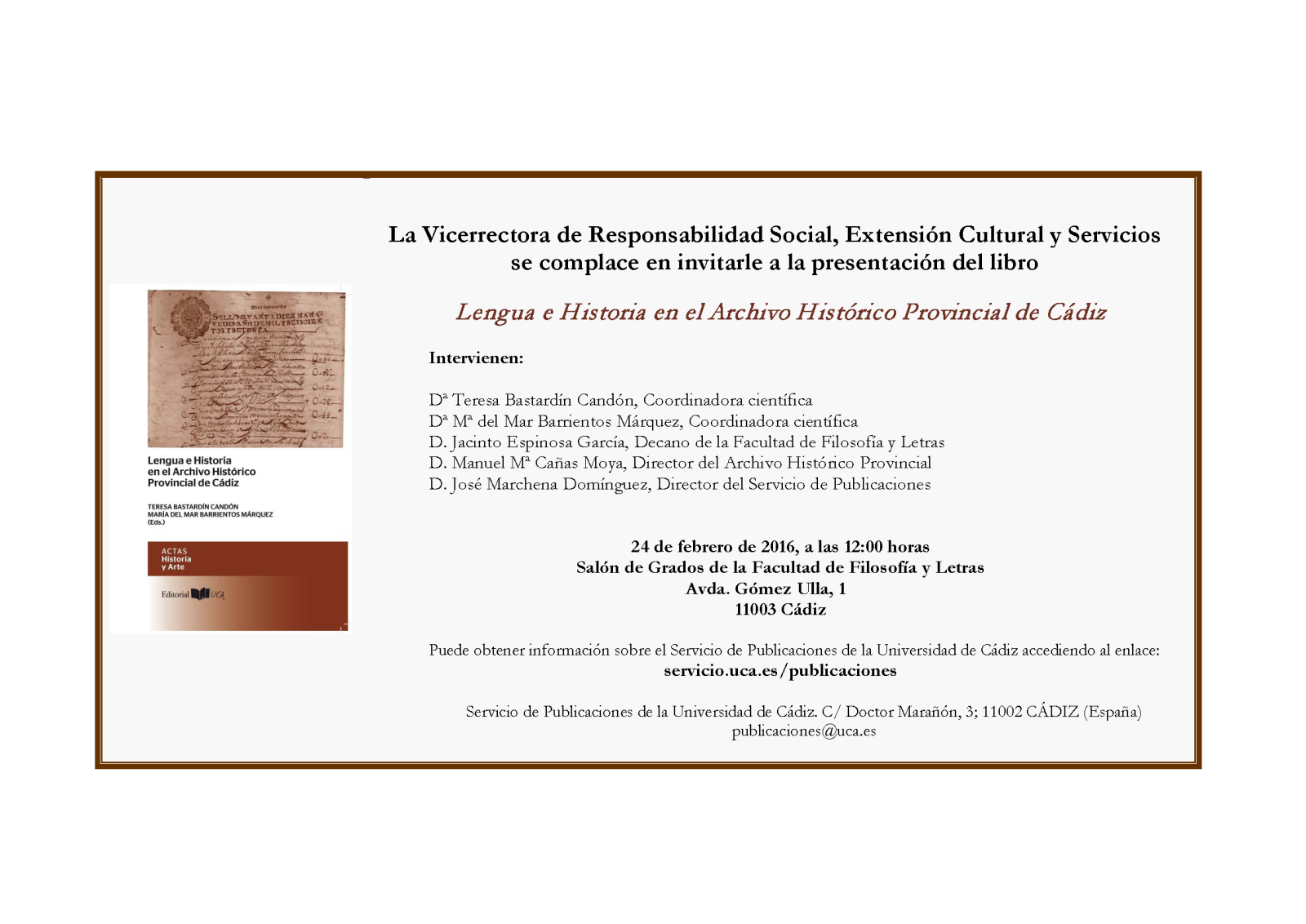 Presentación del libro 'Lengua e Historia en el Archivo Histórico Provincial de Cádiz' 
