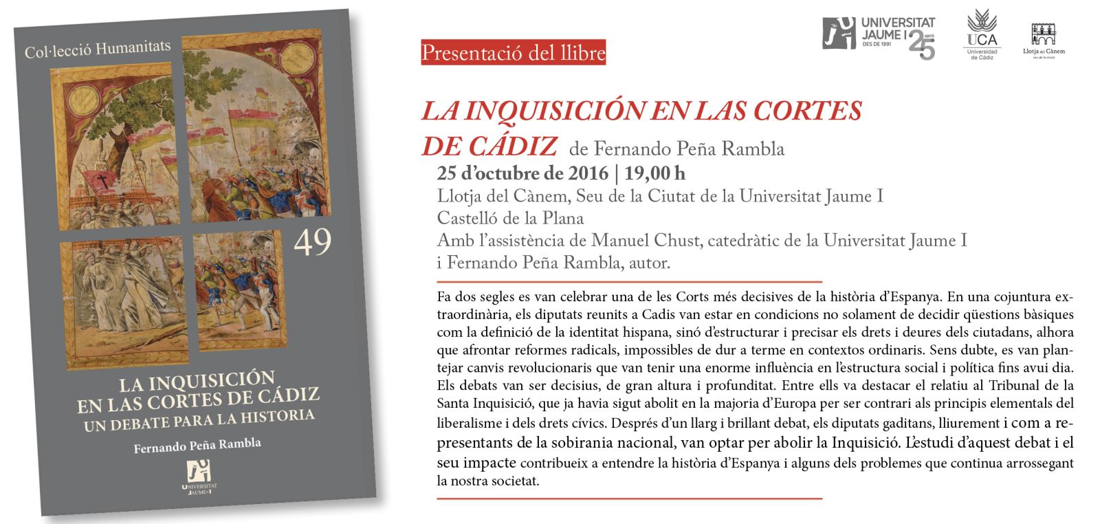 Publicaciones de la Universitat Jaume I presenta "La Inquisición en las Cortes de Cádiz"