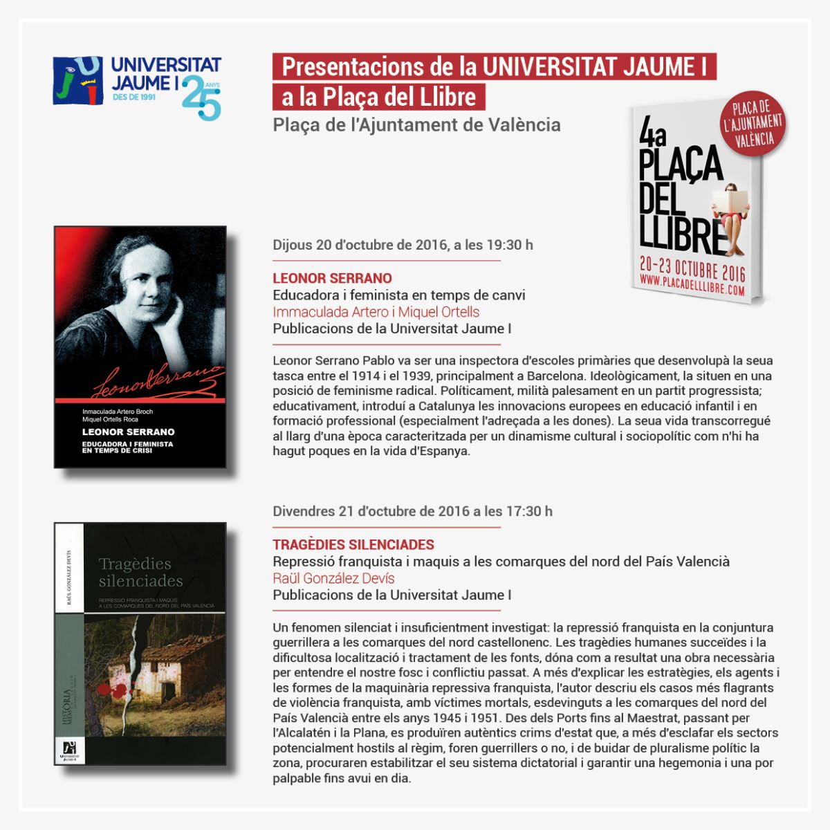 Publicacions de la Universitat Jaume I presenta dos de sus novedades en la Plaça del Llibre 2016 de Valencia