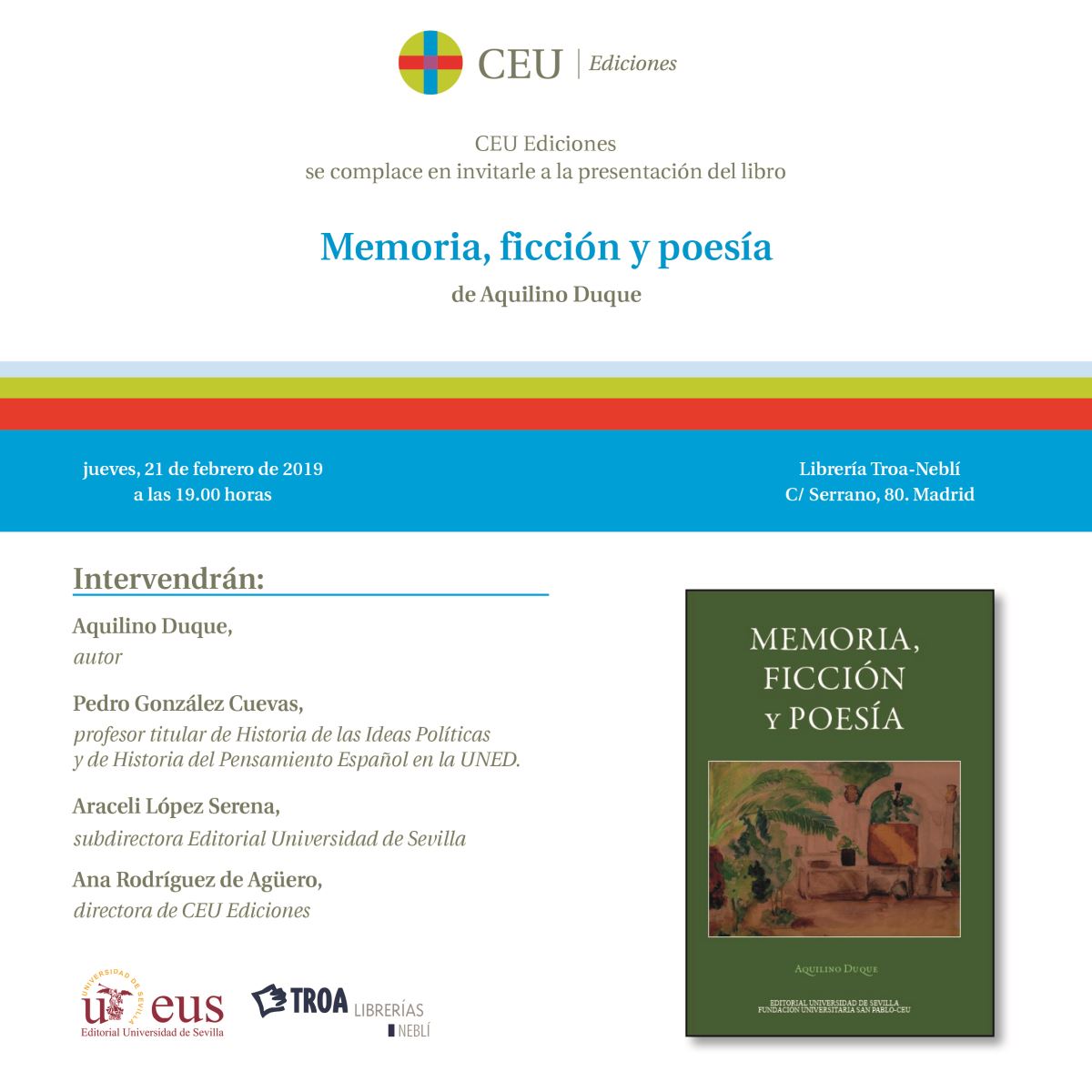 Editorial Universidad de Sevilla y Ediciones CEU presentan el libro "Memoria, ficción y poesía"