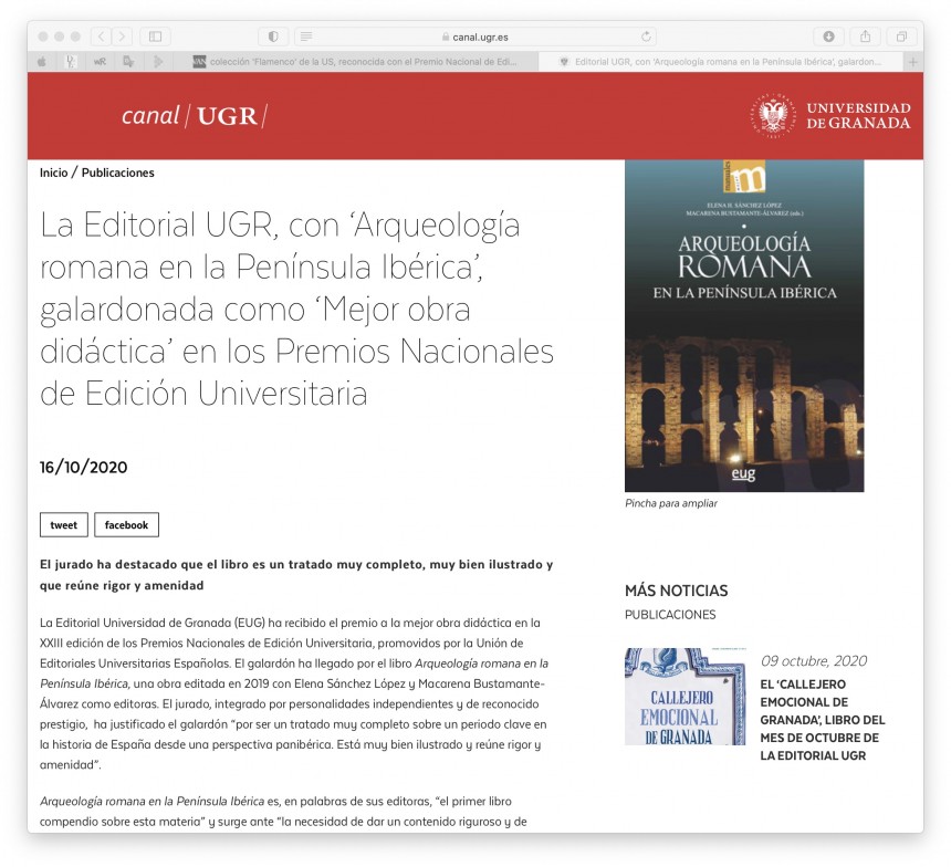 CANAL UGR-ES. La Editorial UGR, con ‘Arqueología romana en la Península Ibérica’, galardonada como ‘Mejor obra didáctica’ en los Premios Nacionales de Edición Universitaria. UNE y Universidad de Granada