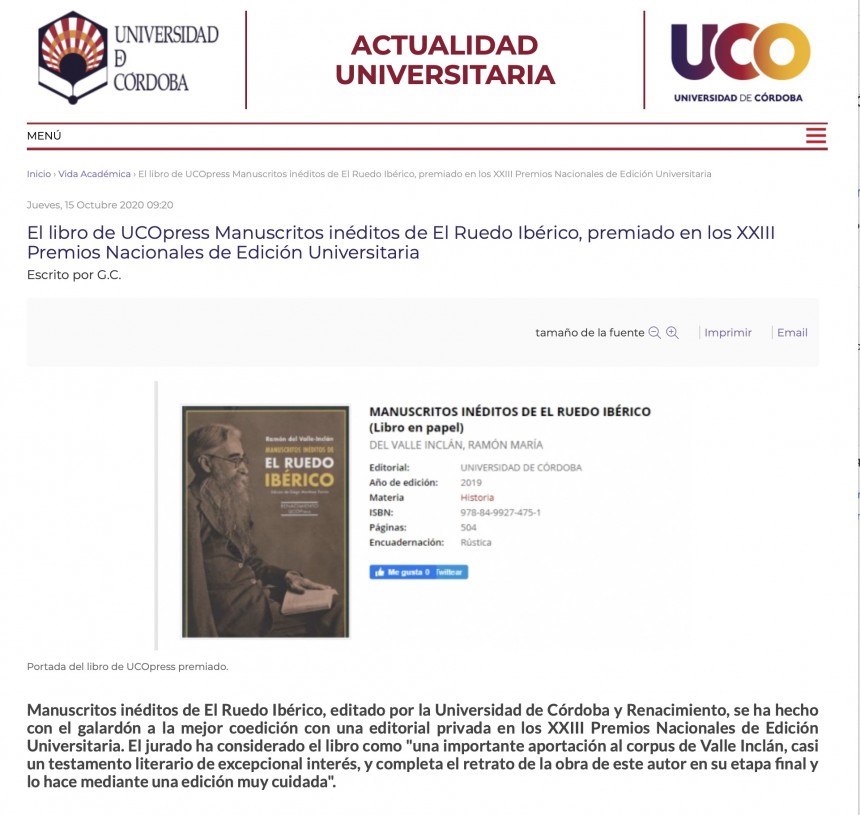 UCO-ES. El libro de UCOpress Manuscritos inéditos de El Ruedo Ibérico, premiado en los XXIII Premios Nacionales de Edición Universitaria. UNE y Universidad de Córdoba 