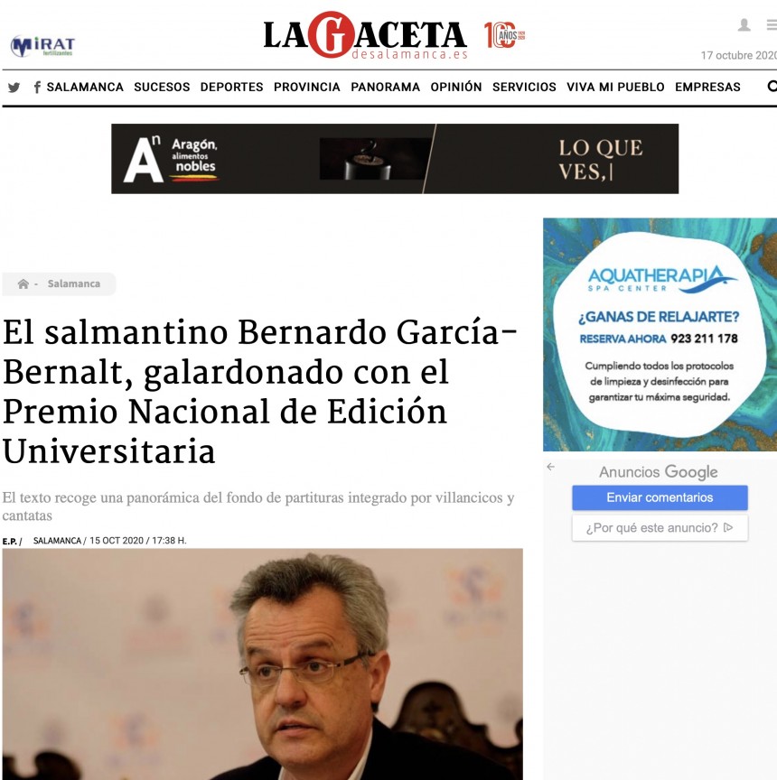 LA GACETA DE SALAMANCA-ES. El salmantino Bernardo García-Bernalt, galardonado con el Premio Nacional de Edición Universitaria. UNE y Universidad de Salamanca