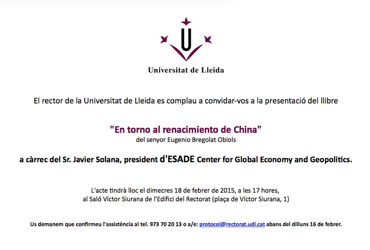 Javier Solana presenta el libro "En torno al renacimiento de China", publicado por la Universitat de Lleida