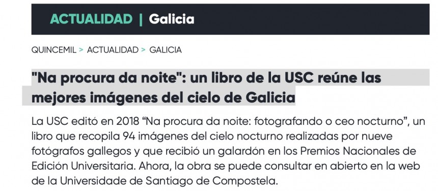 EL ESPAÑOL-COM. "Na procura da noite": un libro de la USC reúne las mejores imágenes del cielo de Galicia. Universidade de Santiago de Compostela y UNE