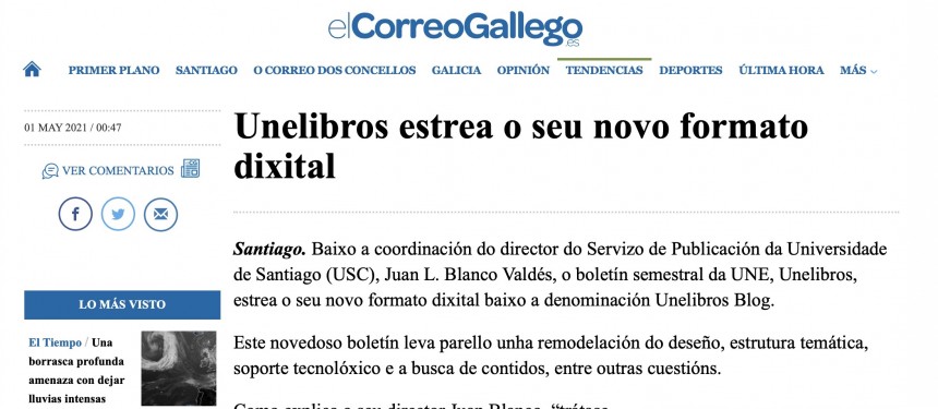 EL CORREO GALLEGO-ES. Unelibros estrea o seu novo formato dixital. UNE