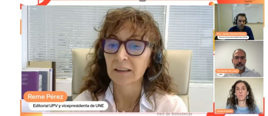 La vicepresidenta de UNE, Reme Pérez, en el workshop de REBIUN «Modelos de publicación científica: más allá de los acuerdos transformativos»