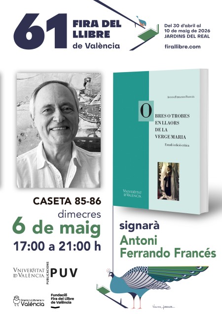 Firma del libro "Obres o trobes en llaors de la Verge Maria (València, 1474)" en la 61.ª Fira del Llibre de València