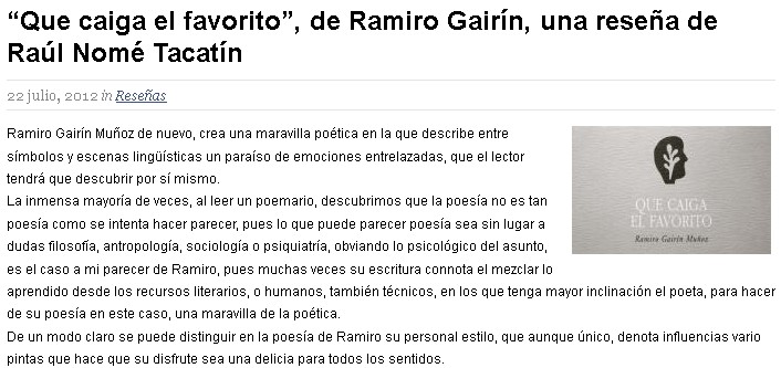"Que caiga el favorito", de Ramiro Gairín, una reseña de Raúl Nomé Tacatín