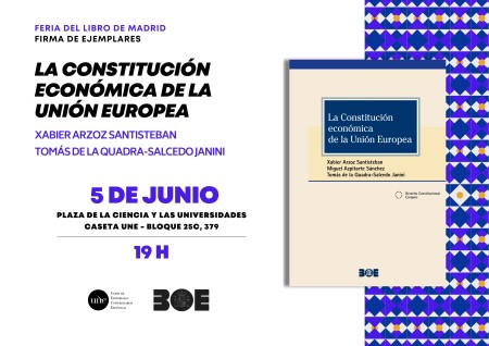 Firma en la Feria del Libro de Madrid 2025 de Xabier Arzoz y Tomás de la Quadra-Salcedo Janini, coautores del libro «La Constitución económica de la Unión Europea»