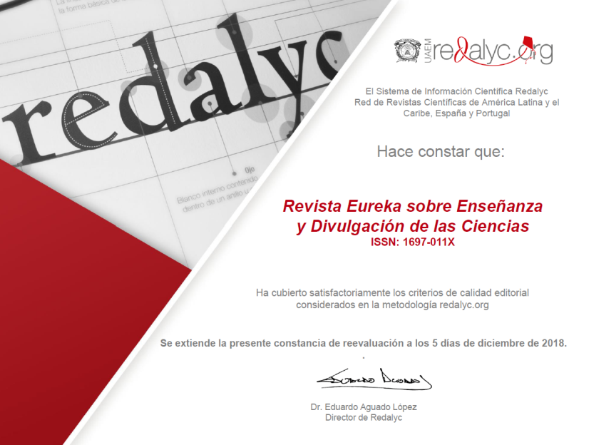 La Revista Eureka sobre Enseñanza y Divulgación de las Ciencias de la Universidad de Cádiz renueva su evaluación positiva en Redalyc